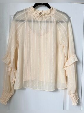 Oxford Sunday Sheer Cream Ruffle-Neck Long Sleeve Blouse